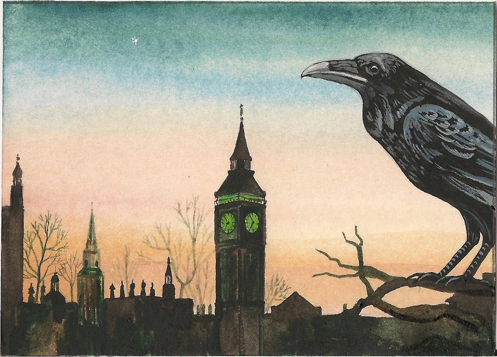5×7 PRINT OF PAINTING CROW RAVEN RYTA BIG BEN UK LONDON HALLOWEEN Landscape Art
