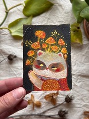 Original ACEO Set 3 in 1 Cat Mushrooms Medieval Style Folk Art OOAK Signed