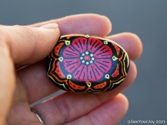 Hand Painted Rock / Stone – Red/Orange/Yellow Flower Mandla Zendoodle Zentangle