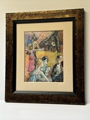 ANTIQUE ART DECO PAINTING DRAWING BAR SCENE MEN WOMEN COCKTAILS MUSICIANS BAND