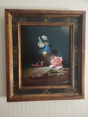 Still Life Ernest Baber Oil on Canvas Framed Signed Dried Rose & Raku Original