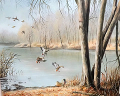 NELSON ORIGINAL OIL ON CANVAS DUCKS ON A LAKE LANDSCAPE PAINTING UNFRAMED