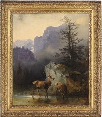 Vintage Oil Painting Deer Family Mountain Forest Landscape Wildlife Animals Art