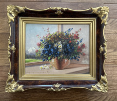 German Oil Painting | Still Life with Mountains | Ornate Frame | 11“ x 13“