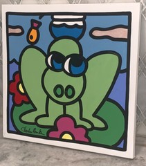 Charles Houska 2001 Green Frog Blue Eyes Red Pink Flowers Black 12”sq Acrylic