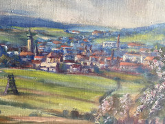 Oil Painting Landscape With Church And City B. Nova Signed Berge Meadows Antique