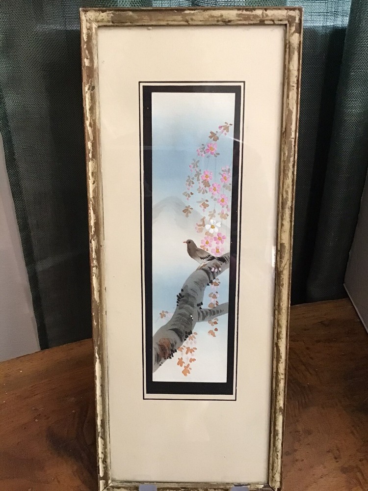 1940’s Asian Art Framed Watercolor Bird on Tree, Mountain, Pink Flowers~Signed