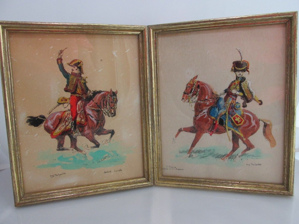 Equestrian Military Prints Hand Painted Lithograph Pechaubes French Cavalry