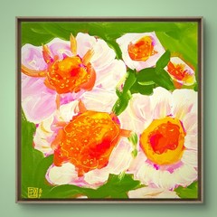 Zinnia whimsy Original Painting 20x20cm Canvas Tasmanian Art Bruny Island
