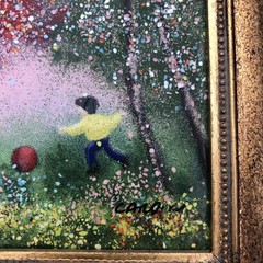 Enamel on Copper Children w/Ball Framed Art Signed by Louis Cardin 4″ X 5″