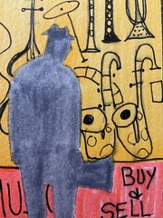 ACEO watercolor art by PJ, art card 2.5 x 3.5: music man.
