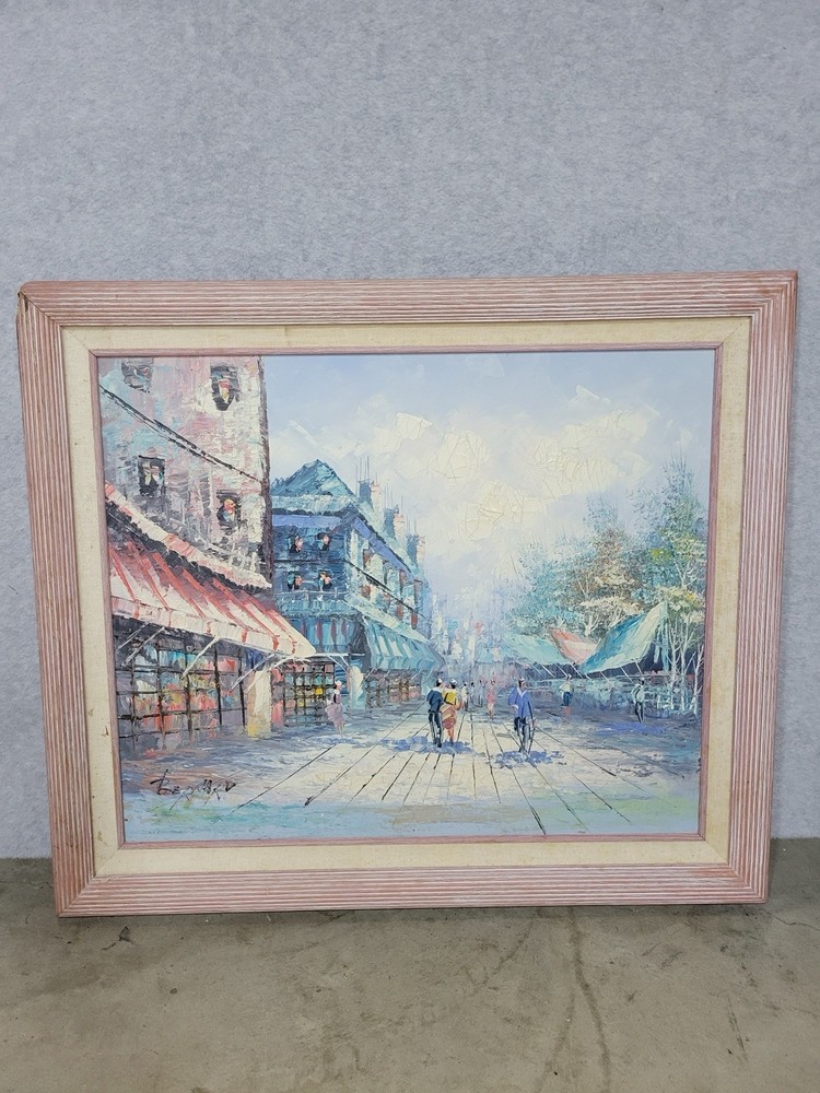 Vintage Street Scene Oil Painting Canvas Signed Bernard 29”x25” – Frame Damaged!