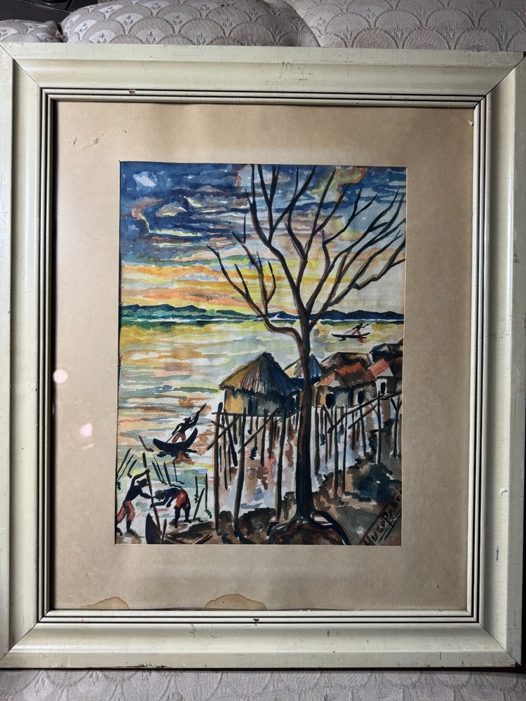 Vintage „Men By The Sea Scene“ Primitive Watercolor Painting – Signed And Framed