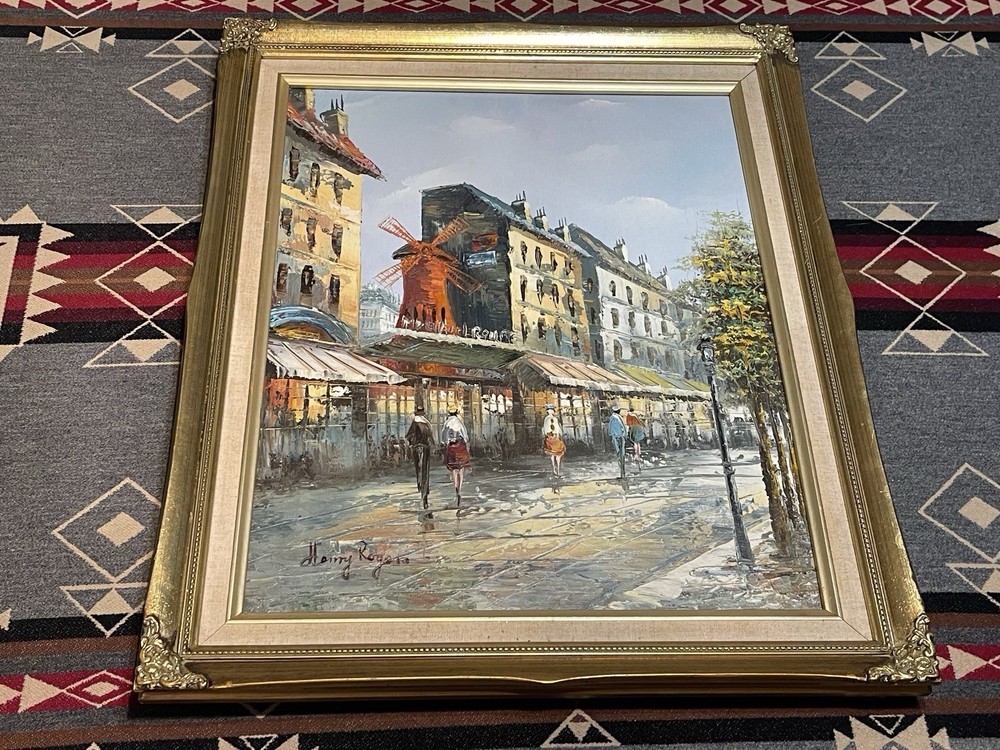 Vintage Henri Rogers Paris Street Scene Oil Painting Canvas MCM