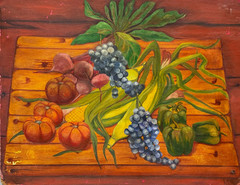 20TH C. STILL LIFE OIL PAINTING FRUITS AND VEGETABLES ON BUTCHER BLOCK BOARD ART