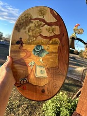 Vtg 1976 Primitive Toll Painted Pilgrim Girl Prairie Farm Painting Wood Oval