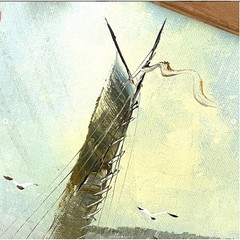 Vintage Boat Painting Canvas Signed Docked Harbor Framed Water Seascape Scenery