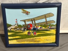Vtg 11″ x 9″ H. HARGROVE oil painting WWI Airplane Tri-Plane AVIATION HANGER