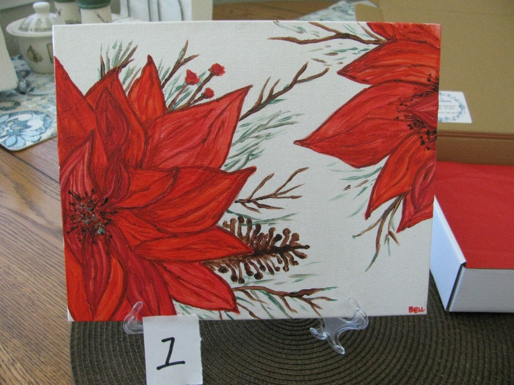 Original, Hand Painted-POINSETTIA-Holiday/Winter Art Acrylic on Canvas 8”x10″