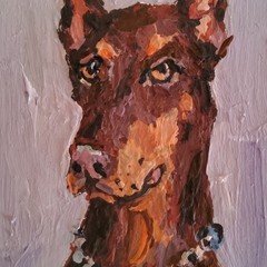 ACEO Original Painting Dogs Doberman Pet Portrait Animal Gouache Modern Artwork