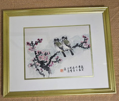 Original Birds on Branch Cherry Blossoms Flowers Chinese Framed 18″x 22″