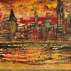 SFAX Original Vintage Signed Cityscape Skyline Landscape Oil on Canvas Painting