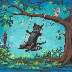 4×4 PRINT OF PAINTING BLACK CAT SPRING GARDEN RYTA WHIMSICAL FOLK ART Flowers 🌺