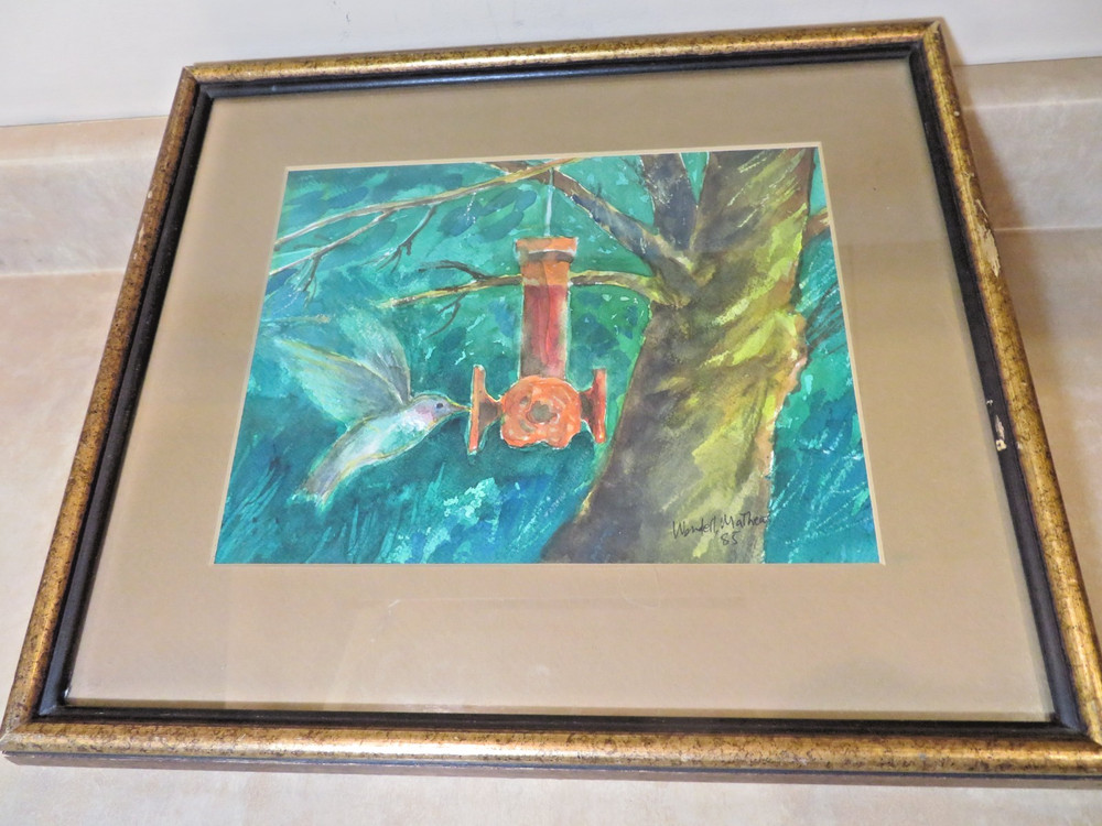 Vintage 1985 Watercolor Painting on Paper Bird Hummingbird, Framed and Signed