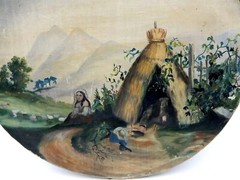 ANTIQUE SOUTH AMERICAN WOMAN BESIDE HUT PAINTING IN HANDCRAFTED ROUND FRAME