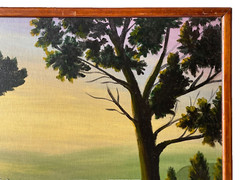 Mid Century Mystery Signed Modernism Oil Painting Mountain Landscape at Sunset