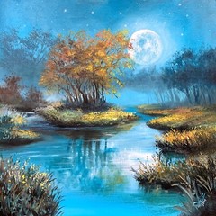 Landscape with moon and lake oil painting, Autumn landscape art 3030cm