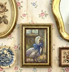 Barn Goose In Blue Bow Painting Cottagecore Oil & Acrylic 4×6, Framed 5.5 X 7.5