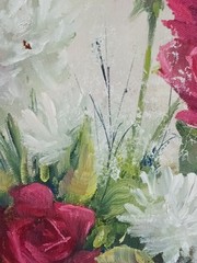 Vintage Oil Painting floral impressionist red roses white peonies signed