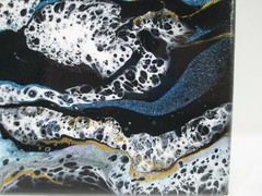 Original Abstract Acrylic Pour Painting 8×10 Black White Gold Glitter Blue