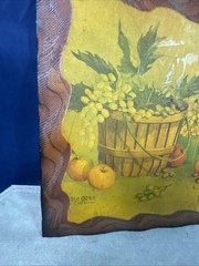 Vintage 1984 Signed Fruit Basket Painting on Plywood Country Kitchen Wall Decor