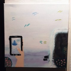 Seascape Sailboat Smartphone Acrylic Painting Waterfall Ocean Seagulls Beach