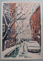 Urban Winter City Street Watercolor Painting Snowy Houses Road Trees A4 Art