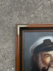 Vintage Nautical Oil Canvas Painting Sea Captain Portrait Pipe Signed Lee Young