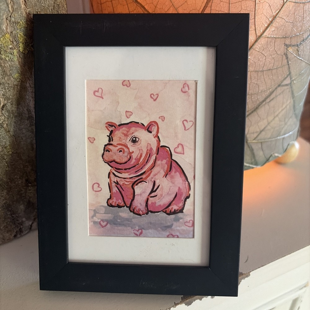 ACEO Print by AmberInWatercolor Cute Baby Hippo, Animal Storybook Animal
