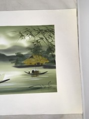 Asian Style Paintings Lotus Flowers & River Scene Boat Village No Frame Set 2