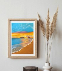 Seascape Painting Tropical Seaside Sunset Beach Original Oil Pastel 8х11″