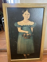Framed Folk Art Painting on Canvas of Girl with Fruit Basket, Medium