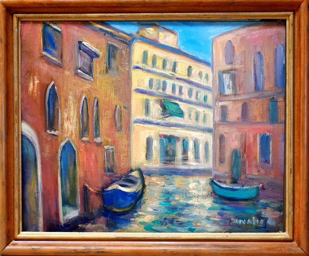 Oil Painting Venice Canal Boats Water Reflection Italy Framed Original – Donalee