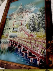 Vtg Asian Reverse Foil Painting On Glass Carved Wood Frame Tinsel Painting