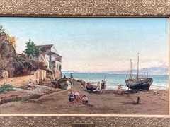 Pietro Gabrini Attributed Sorrento Harbor Italian Coast Antique Oil Painting