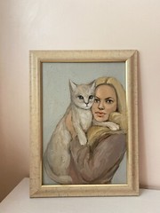 Portrait with Cat Oil Painting White Kitten Wall Art Beautiful Girl Pet Woman