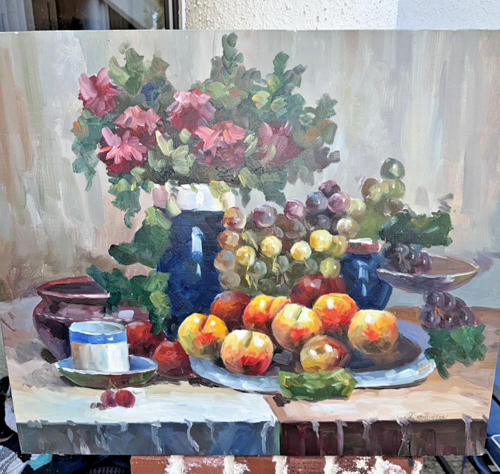 IMPRESSIONIST STILL LIFE OIL PAINTING FOLK ART SIGNED wrapped canvas 20″ x 24″