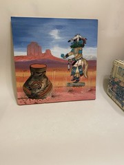 Signed SAND Painting NATIVE American HOPI katsina FIGURE & Pueblo POTTERY