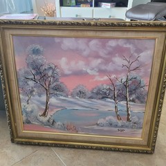 Serene winter landscape with snow-covered trees and a frozen lake 16″20″ Signed