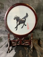 Vintage Embroidered Horse On Silk Silhouette Horse Wood Stand 3623